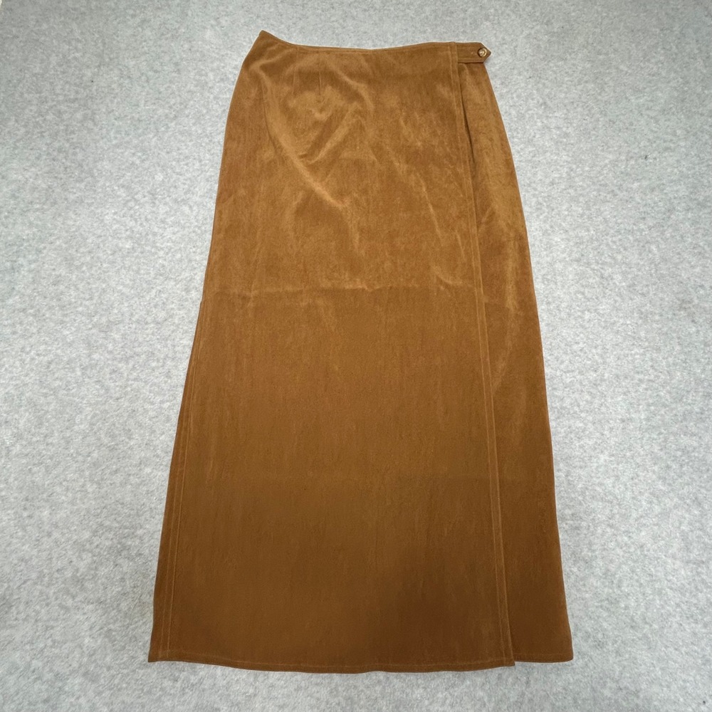 Talbots Brown Faux Suede Wrap Skirt Women Sz 10 Midi Length Polyester Spandex